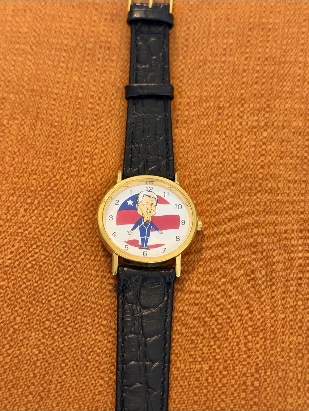 Gold-Tone Men’s Watch with Black Leather Strap and Patriotic Dial